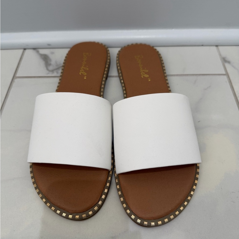Bonnibel White Slide Sandals with Gold Trim